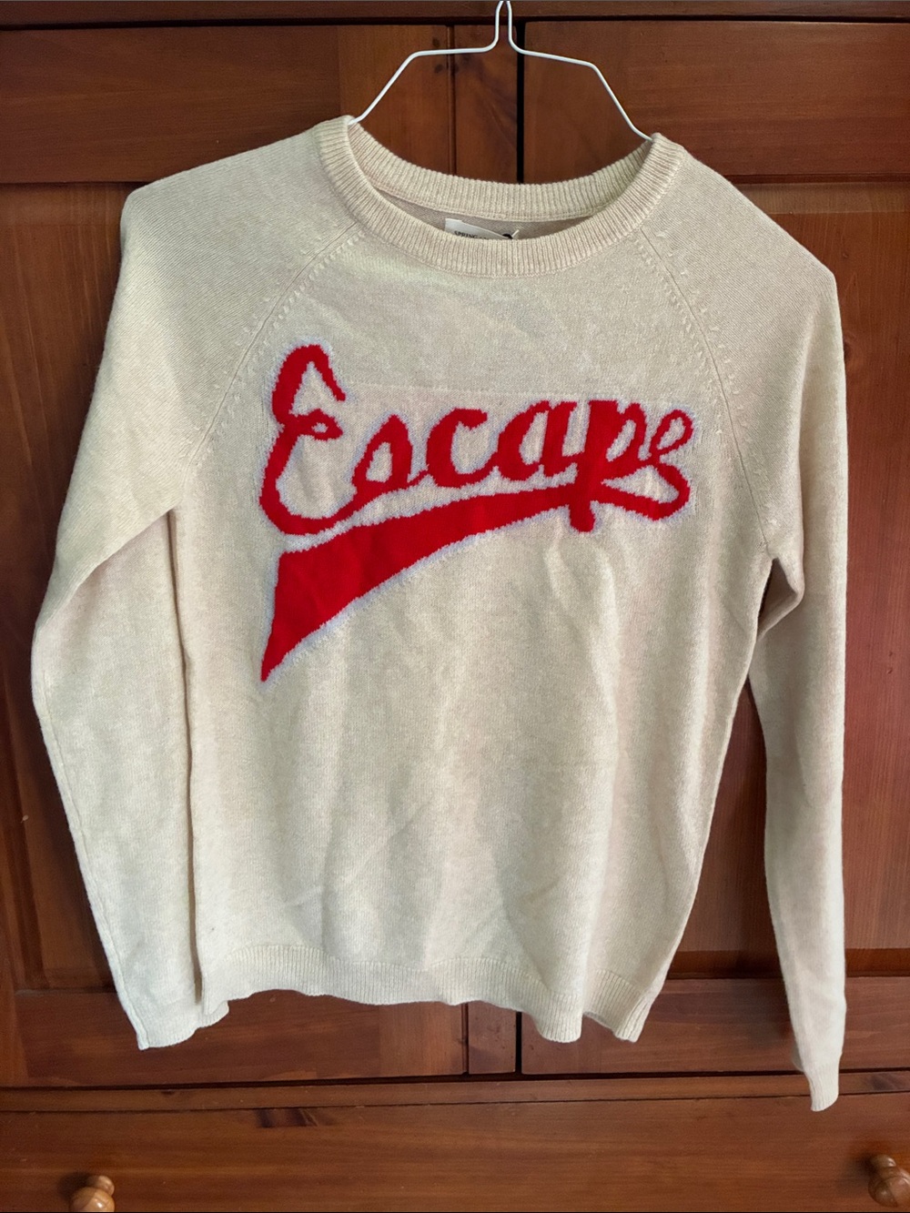 Cream Cashmere Crewneck Sweater with Red 'Escape' Script